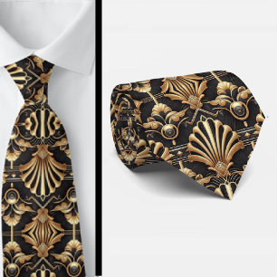 Art Deco Svart och Guld Snäckmönstrat Herrhalsduk Slips