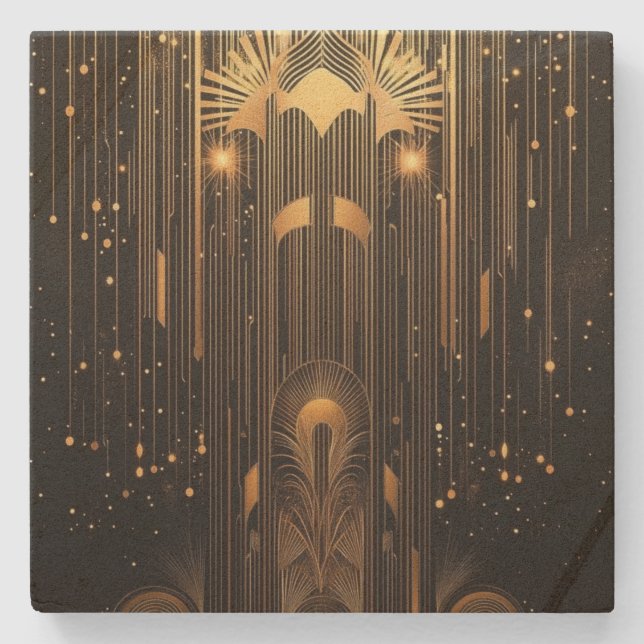 Art Deco Svart och Gylden Regn Stylish Stenunderlägg (Framsidan)