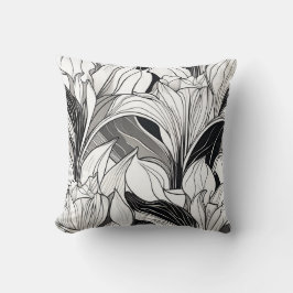 Art Deco Svart och Vit Blommig Kudde