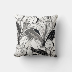 Art Deco Svart och Vit Blommig Kudde