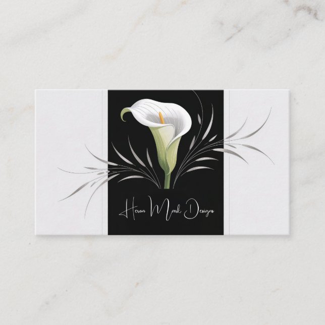 Art Deco Svart och Vit Calla Lily Silverplym Visitkort (Framsida)