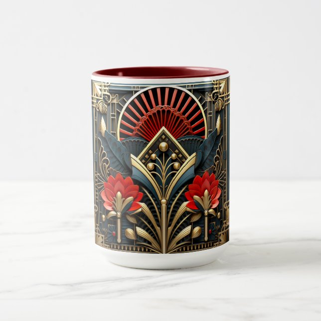 Art Deco Svart Röd Guld Abstrakt  Mugg (Center)