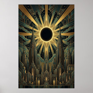 Art Deco Svart Sol Stadssiluett Affisch Guld Tea