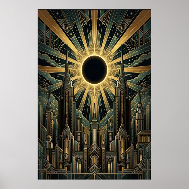 Art Deco Svart Sol Stadssiluett Affisch | Guld Tea (Framsidan)