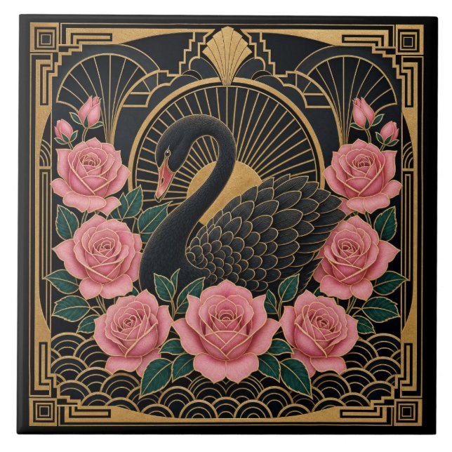 Art Deco Svart Svan och Rosa Rosor Kakelplatta (Framsidan)