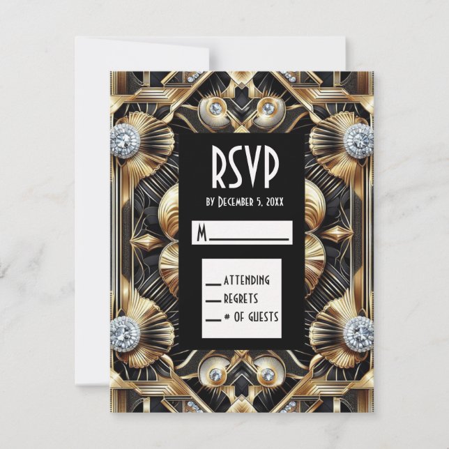 Art Deco Svarta & Guld Diamant RSVP-kort OSA Kort (Framsida)