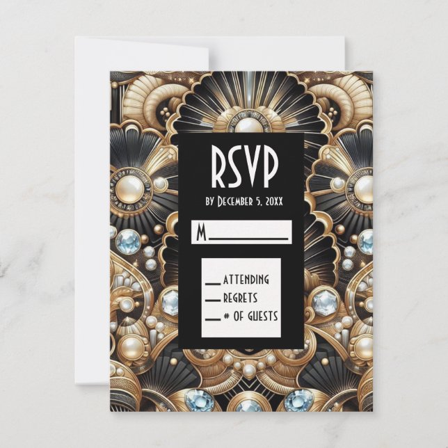 Art Deco Svarta & Guld Diamant RSVP-kort OSA Kort (Framsida)