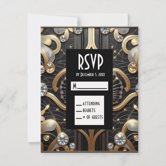 Art Deco Svarta & Guld Diamant RSVP-kort OSA Kort (Framsida)