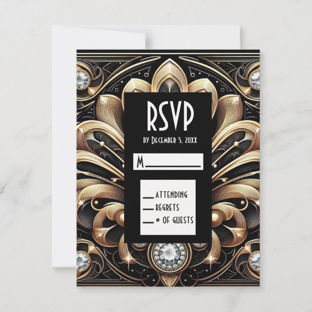Art Deco Svarta & Guld Diamant RSVP-kort OSA Kort (Framsida)
