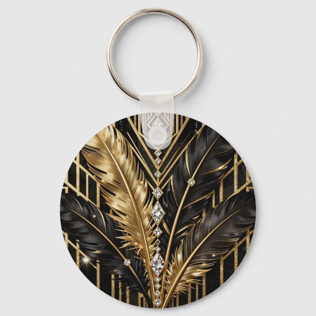 Art Deco Svarta Guld Fjädrar Nyckelring (Framsida)