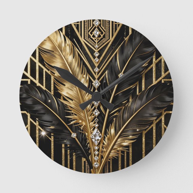 Art Deco Svarta Guld Fjädrar Rund Klocka (Framsida)