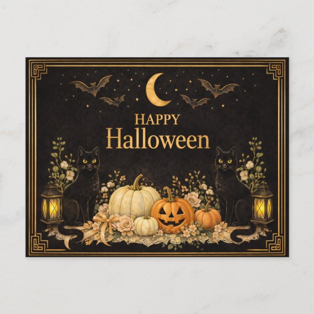 Art Deco Svarta Katter Lyx Halloween Helg Vykort (Framsida)