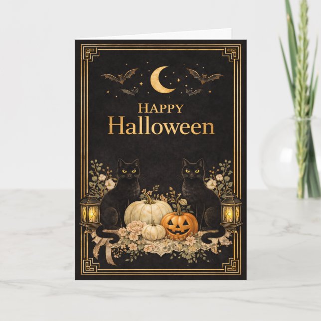 Art Deco Svarta Katter Lyx Halloween Kort (Framsida)