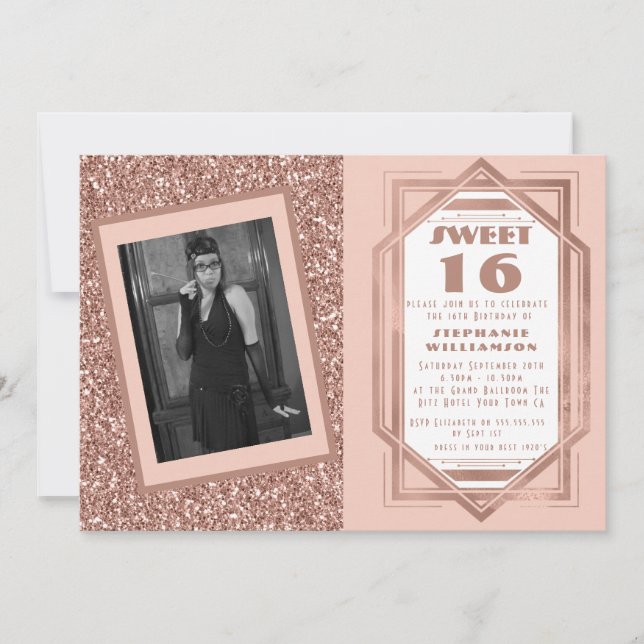 Art Deco Sweet 16 Ro Guld Glitter Gatsby Photo Inbjudningar (Framsida)