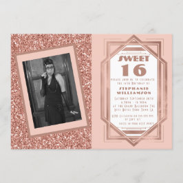 Art Deco Sweet 16 Ro Guld Glitter Gatsby Photo Inbjudningar