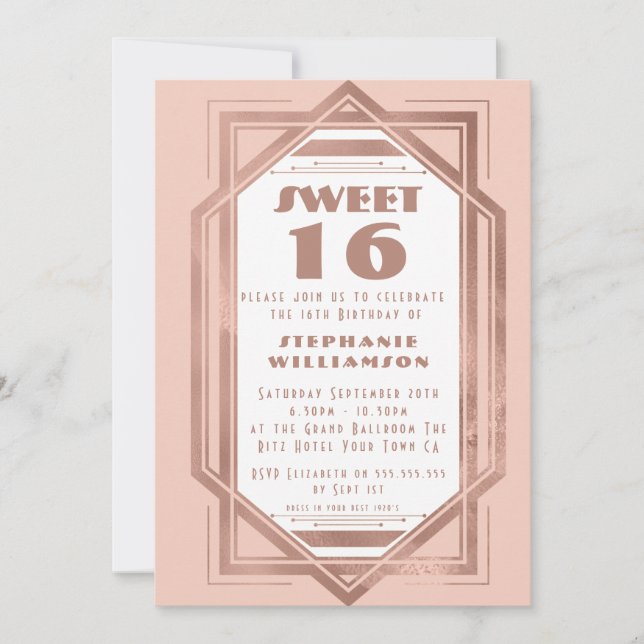 Art Deco Sweet 16 Ro Guld och  Rosa Gatsby Inbjudningar (Framsida)