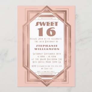 Art Deco Sweet 16 Ro Guld och Rosa Gatsby Inbjudningar