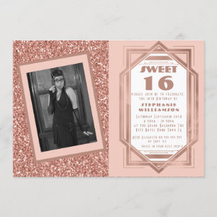 Art Deco Sweet 16 Rosa Guld Glitter Gatsby Foto Inbjudningar