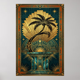 Art Deco Symmetrisk Livets Träd Guld Teal Affisch