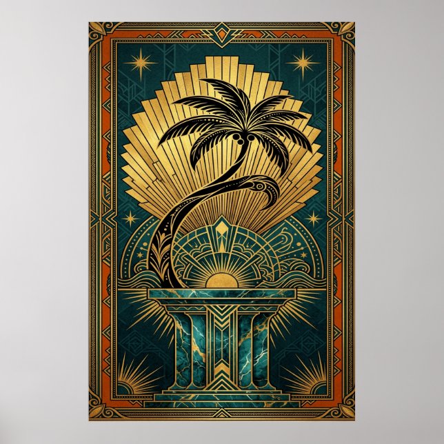 Art Deco Symmetrisk Livets Träd Guld Teal Affisch (Framsidan)