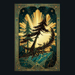 Art Deco Tallrik Silhuett Guld Teal Klippa Post Poster<br><div class="desc">En slående mästarklass i Art Deco-geometri och naturlig dramatik. Illustrationen visar en skarp, kantig svart silhuett av en tall som klamrar sig fast vid en taggig teal-marmorklippa. Mot en massiv, strålande gyllene soluppgång som härmar Chrysler Buildings ikoniska krona, inramas verket av invecklad sicksack-bård och himmelska stjärnor. Detta djärva konstverk ger...</div>