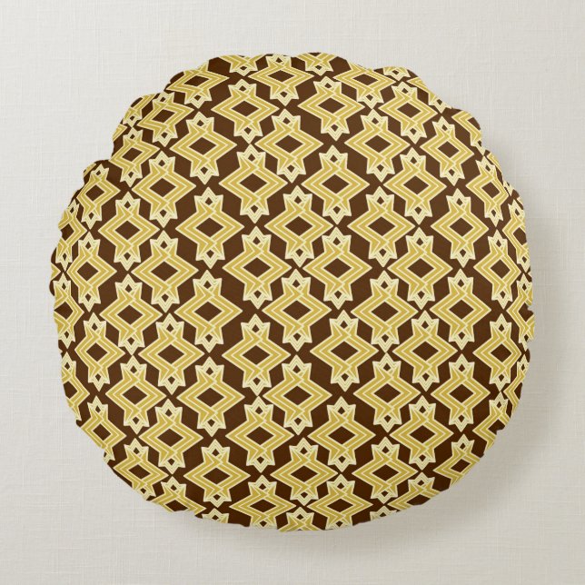 Art Deco Tapet Mönster, Brown och Guld Rund Kudde (Framsidan)