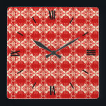 Art Deco tapet mönster - rött och vitt Fyrkantig Klocka<br><div class="desc">En vintage,  Art Deco tapet / mönster i mitten - djup,  sann röd,  vit och skalad,  med fast röd bakgrund</div>