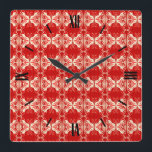 Art Deco tapet mönster - rött och vitt Fyrkantig Klocka<br><div class="desc">En vintage,  Art Deco tapet / mönster i mitten - djup,  sann röd,  vit och skalad,  med fast röd bakgrund</div>
