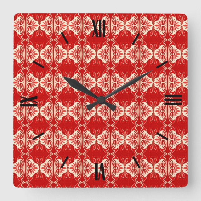 Art Deco tapet mönster - rött och vitt Fyrkantig Klocka (Framsida)