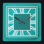 Art Deco, tårblått Fyrkantig Klocka<br><div class="desc">Art Deco,  tealblått,  3-dimensionell väggklocka med vita siffror - digital grafik</div>