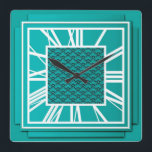 Art Deco, tårblått Fyrkantig Klocka<br><div class="desc">Art Deco,  tealblått,  3-dimensionell väggklocka med vita siffror - digital grafik</div>