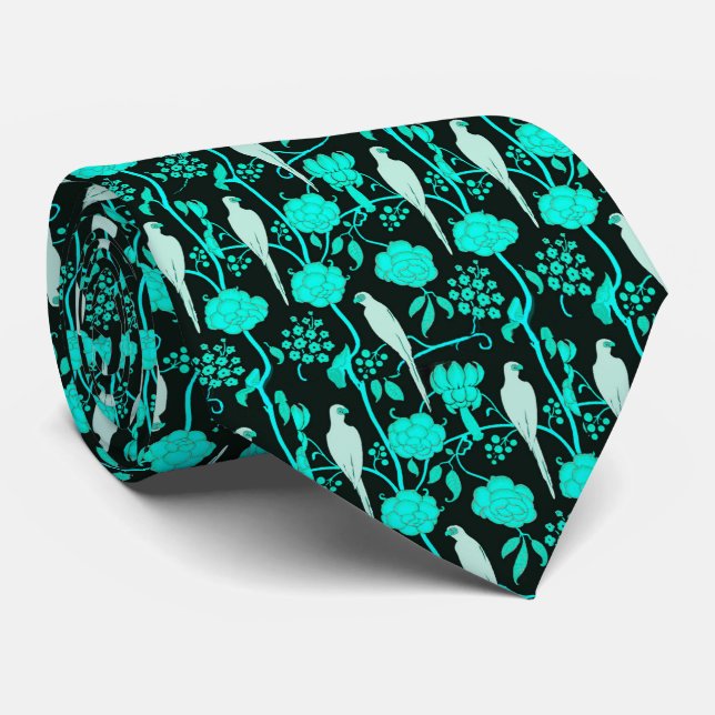 ART DECO TEAL BLÅA BLOMMOR,VITDELAR PÅ SVART  SLIPS (Rullad)