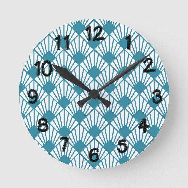 Art Deco Teal Fläkt Rund Klocka (Framsida)