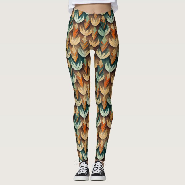 Art Deco Teal & Guld Geometriskt Mönster (10) Leggings (Framsida)