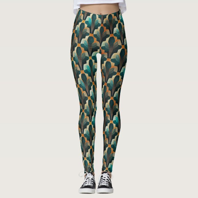 Art Deco Teal & Guld Geometriskt Mönster (1) Leggings (Framsida)