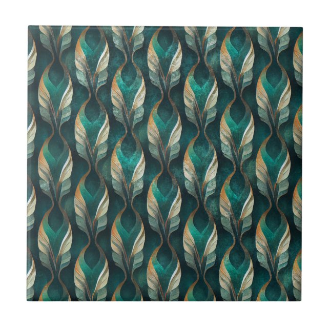 Art Deco Teal & Guld Geometriskt Mönster (7) Kakelplatta (Framsidan)