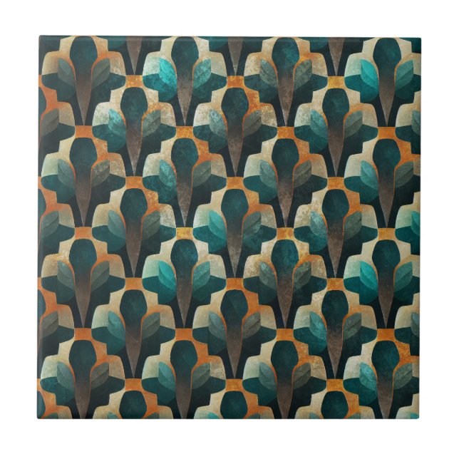 Art Deco Teal & Guld Geometriskt Mönster Kakelplatta (Framsidan)