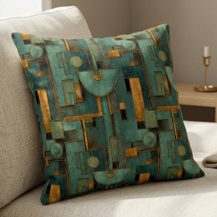 Art Deco Teal Guld Geometriskt Mönster Kudde