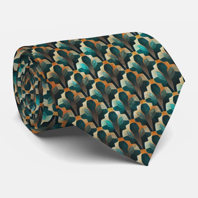 Art Deco Teal & Guld Geometriskt Mönster Slips (Rullad)