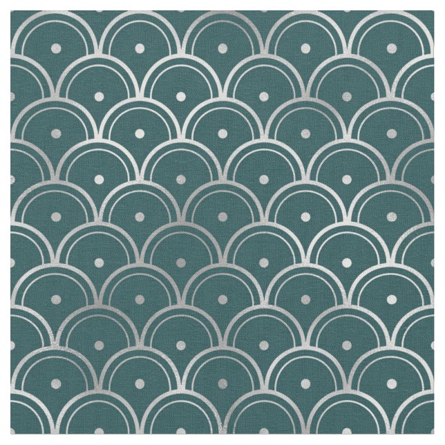 Art Deco Teal Silver skalor punkter Tyg (Närbild)