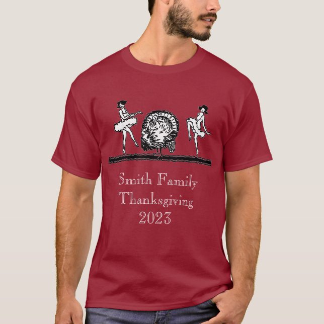 Art Deco Thanksgiving Turkiet Dancing Girls T Shirt (Framsida)
