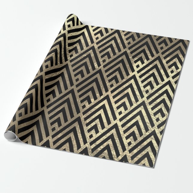 Art Deco Triangle Diamond Black Faux Guld Geometry Presentpapper (Utrullad)