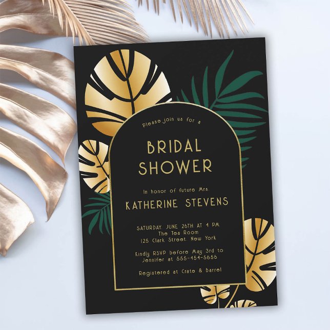 Art Deco Tropical Jungle Boho Ram Möhippa Inbjudningar (art deco tropical jungle black gold bridal shower invitation gatsby roaring 20s elegant botanical )