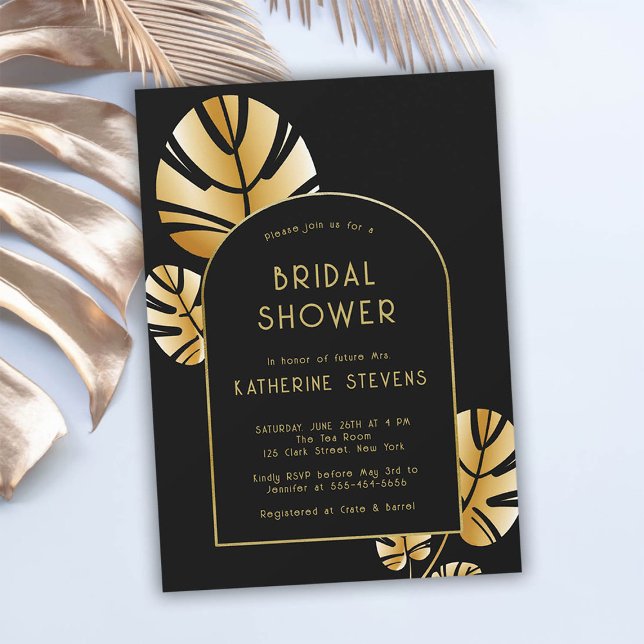 Art Deco Tropical Löv Boho Ram Möhippa Inbjudningar (art deco gold tropical leaf boho arch bridal shower invitation gatsby roaring 20s elegant modern)