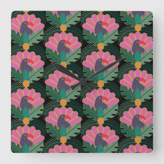 Art Deco Tropical Toucans och ananas Fyrkantig Klocka