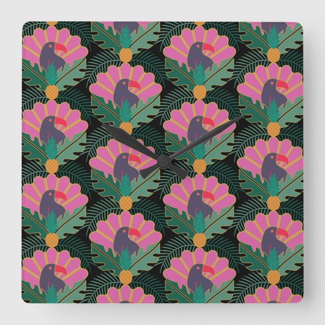 Art Deco Tropical Toucans och ananas Fyrkantig Klocka (Framsida)