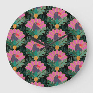 Art Deco Tropical Toucans och ananas Stor Klocka
