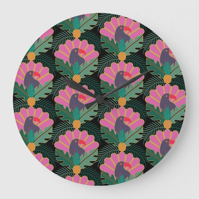Art Deco Tropical Toucans och ananas Stor Klocka (Framsida)