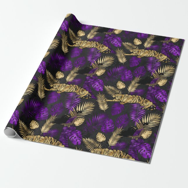 Art Deco Tropisk Lila och Guld Tiger Presentpapper (Utrullad)