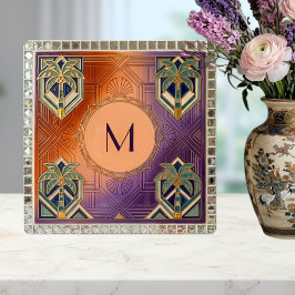 Art Deco Tropisk Orange Palmtre Monogram Kakelplatta
